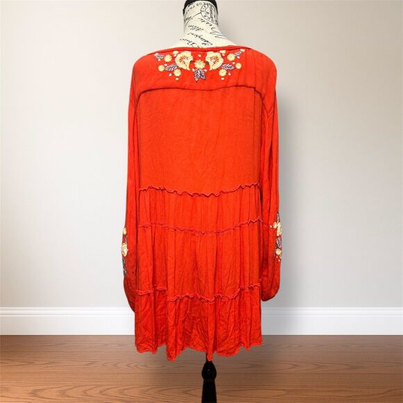 Free People M Red Embroidered Tiered Gauzy Mini Dress Floral Boho Peasant Flowy - Picture 3 of 7